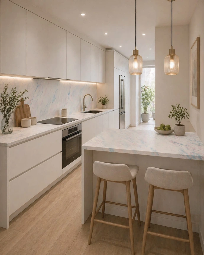 Ambiente de cocina con mármol de Plamar