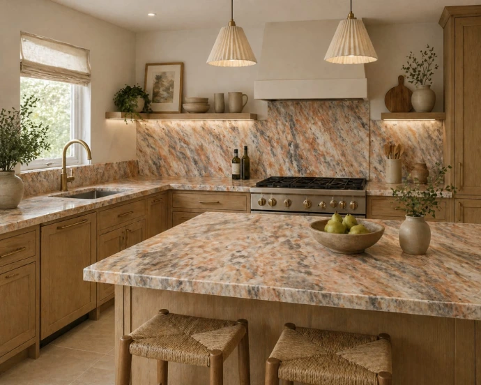 Ambiente de cocina con mármol de Plamar